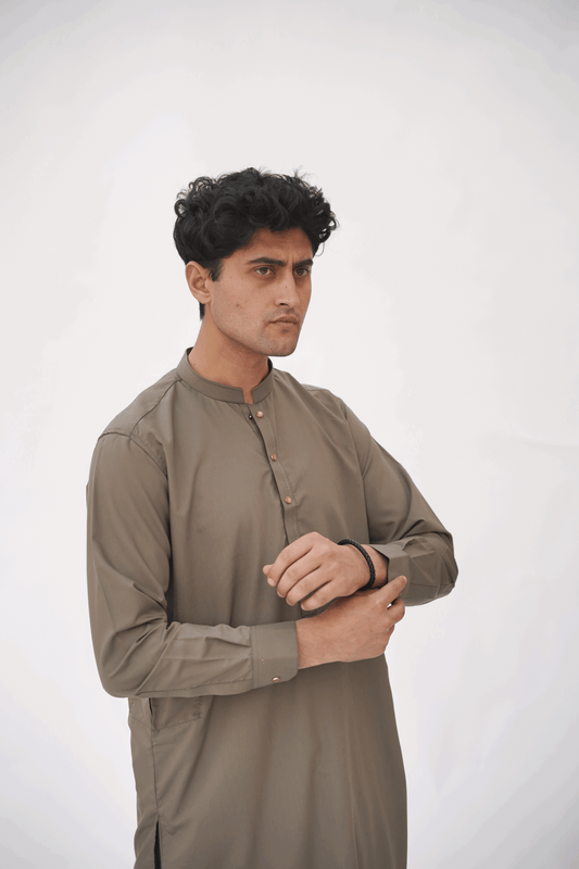 Brown Premium Quality Ash Olive Kurta Shalwar by Rennuce