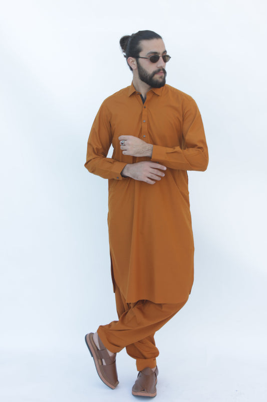 Premium Quality Autumn Ochre Kameez Shalwar by Rennuce