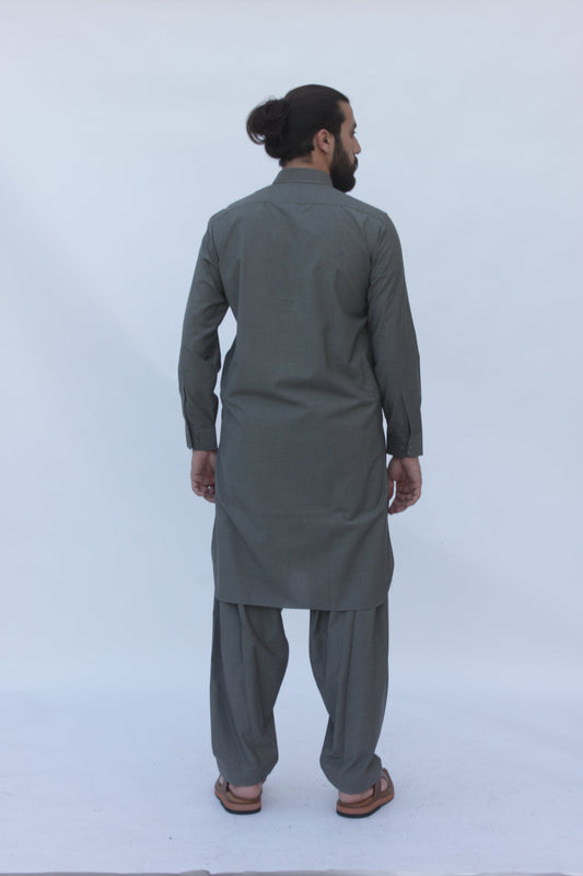 Premium Quality Olive Gray Kameez Shalwar by Rennuce
