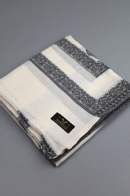 Premium Quality Extremely Soft Off White With Black Border Authentic Pashmina Cashmere Shawl by Rennuce