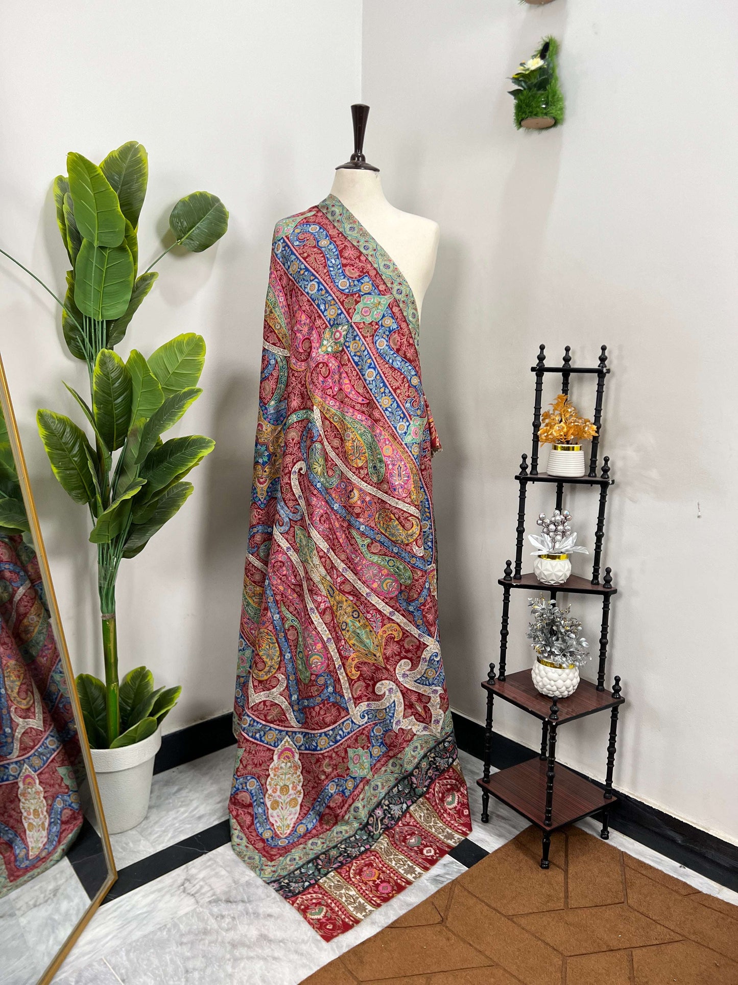 Premium Quality Red Fully Multi Color Kalamkar Authentic Pashmina Cashmere Shawl