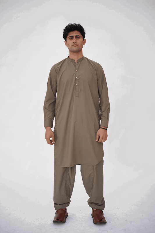 Brown Premium Quality Ash Olive Kurta Shalwar by Rennuce