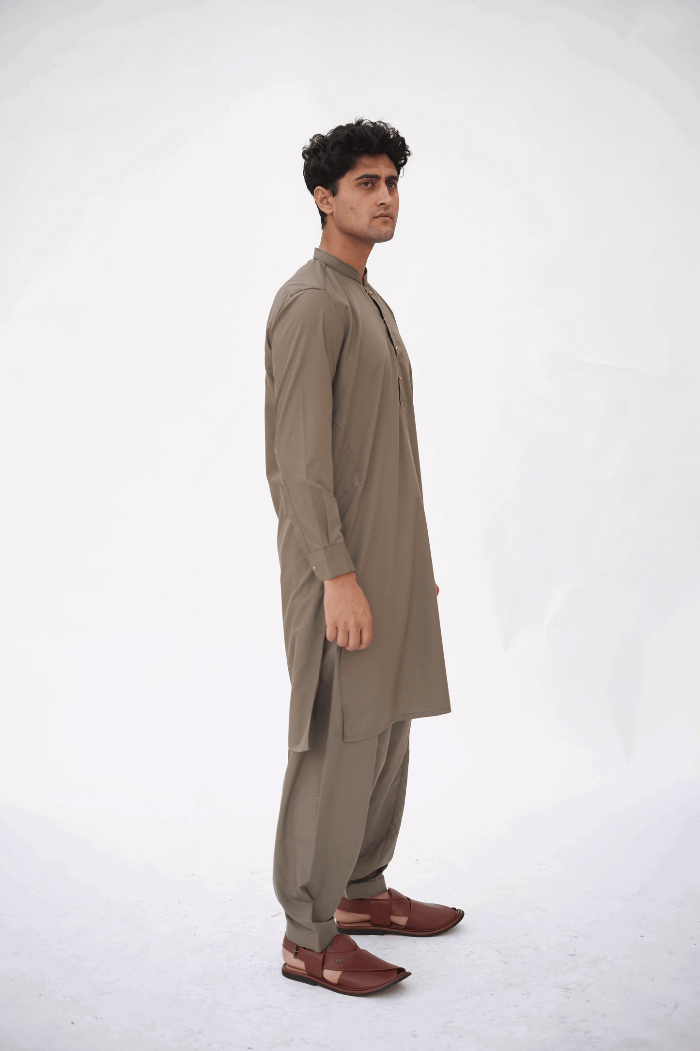 Brown Premium Quality Ash Olive Kurta Shalwar by Rennuce
