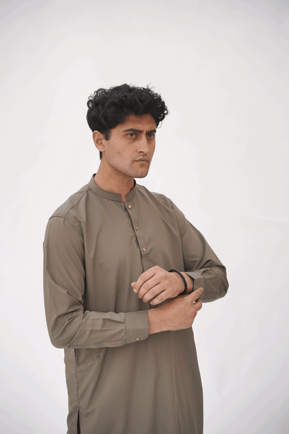 Brown Premium Quality Ash Olive Kurta Shalwar by Rennuce