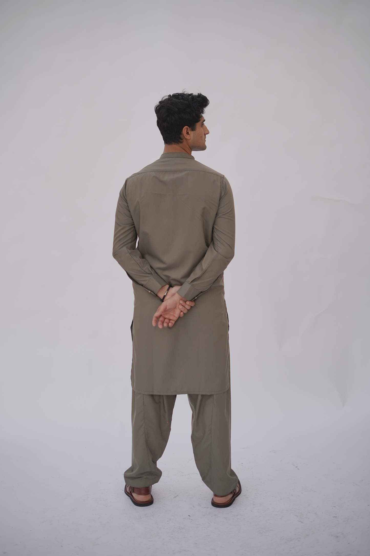 Brown Premium Quality Ash Olive Kurta Shalwar by Rennuce