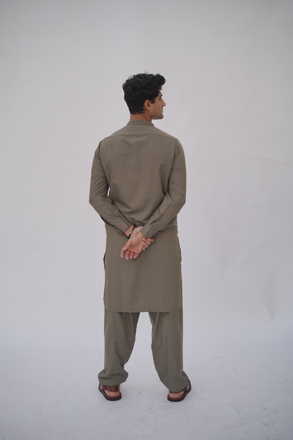 Brown Premium Quality Ash Olive Kurta Shalwar by Rennuce