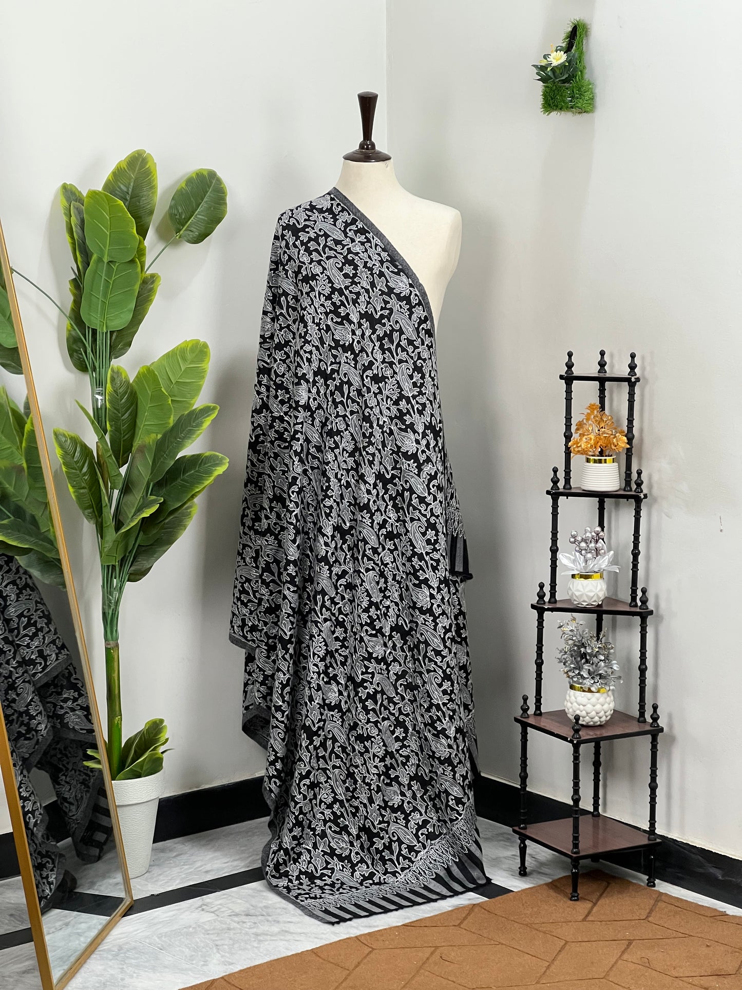 Premium Quality Black With Off White Embroidered Authentic Pashmina Cashmere Shawl BY RENNUCE