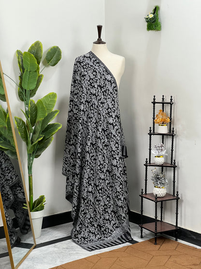 Premium Quality Black With Off White Embroidered Authentic Pashmina Cashmere Shawl BY RENNUCE