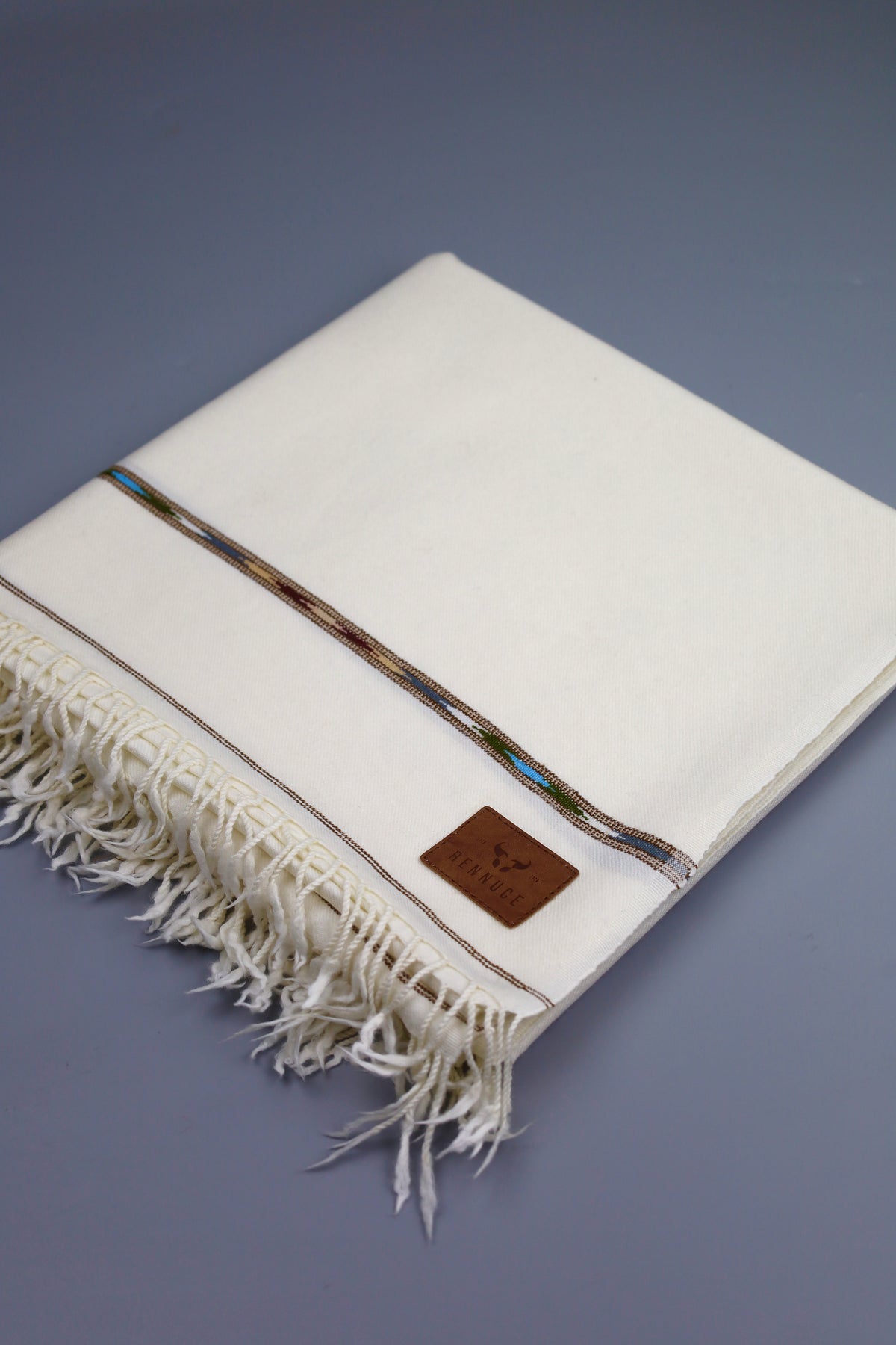 Premium Quality Double Fiber Blue Striped  Off White Pure Woolen Shawl by Rennuce