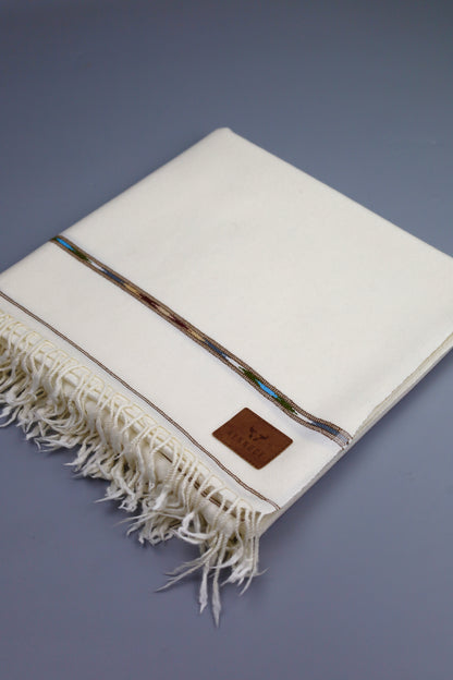 Premium Quality Double Fiber Blue Striped  Off White Pure Woolen Shawl by Rennuce