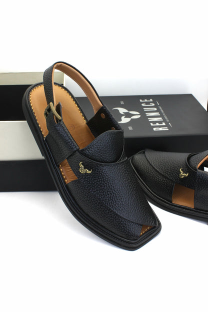 Luxury Traditional Black Granular Authentic Peshawari Chappal by Rennuce