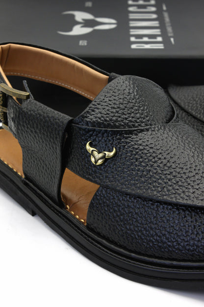 Luxury Traditional Black Granular Authentic Peshawari Chappal by Rennuce