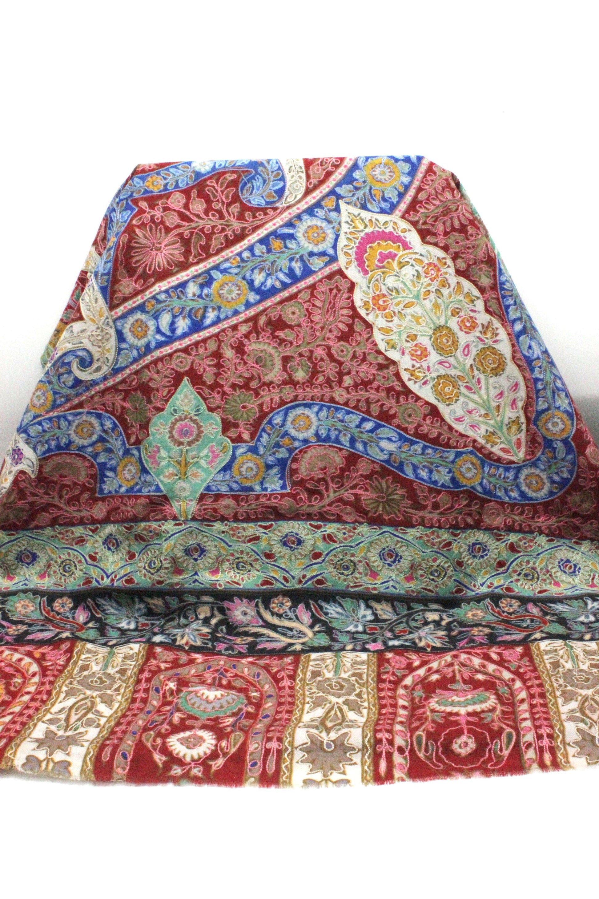 Premium Quality Red Fully Multi Color Kalamkar Authentic Pashmina Cashmere Shawl