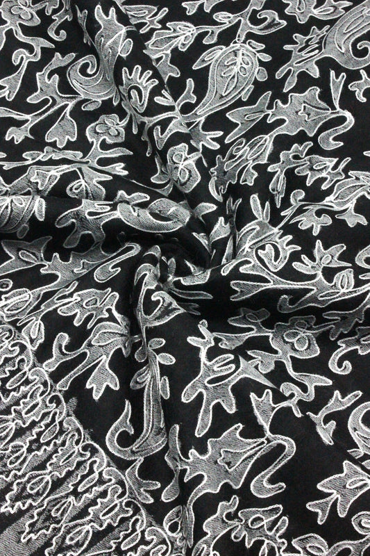 Premium Quality Black With Off White Embroidered Authentic Pashmina Cashmere Shawl BY RENNUCE