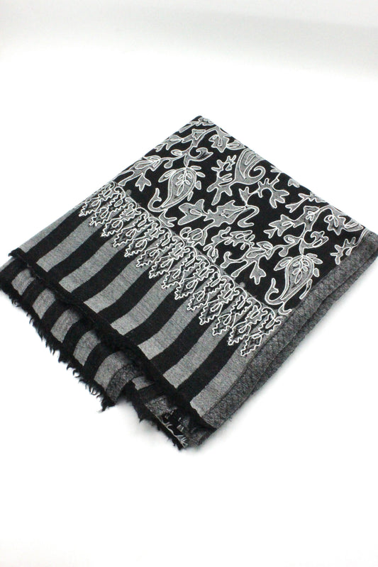 Premium Quality Black With Off White Embroidered Authentic Pashmina Cashmere Shawl BY RENNUCE
