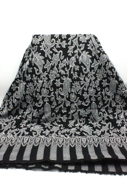 Premium Quality Black With Off White Embroidered Authentic Pashmina Cashmere Shawl BY RENNUCE