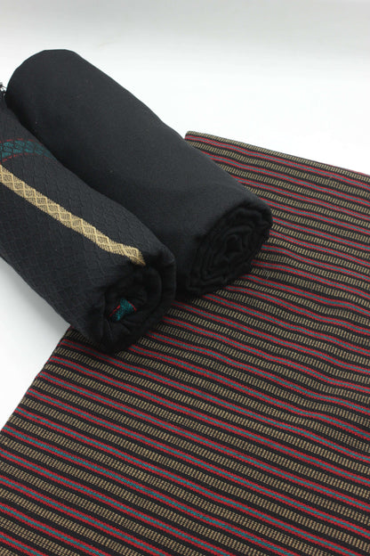 PREMIUM QUALITY BLACK WITH RED PATTERN UNSTITCHED PURE WOOLEN SUIT FOR WOMEN