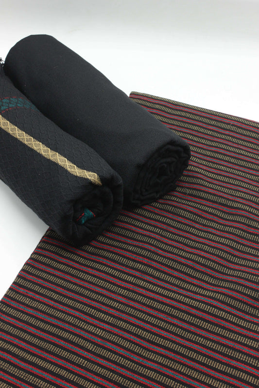 PREMIUM QUALITY BLACK WITH RED PATTERN UNSTITCHED PURE WOOLEN SUIT FOR WOMEN