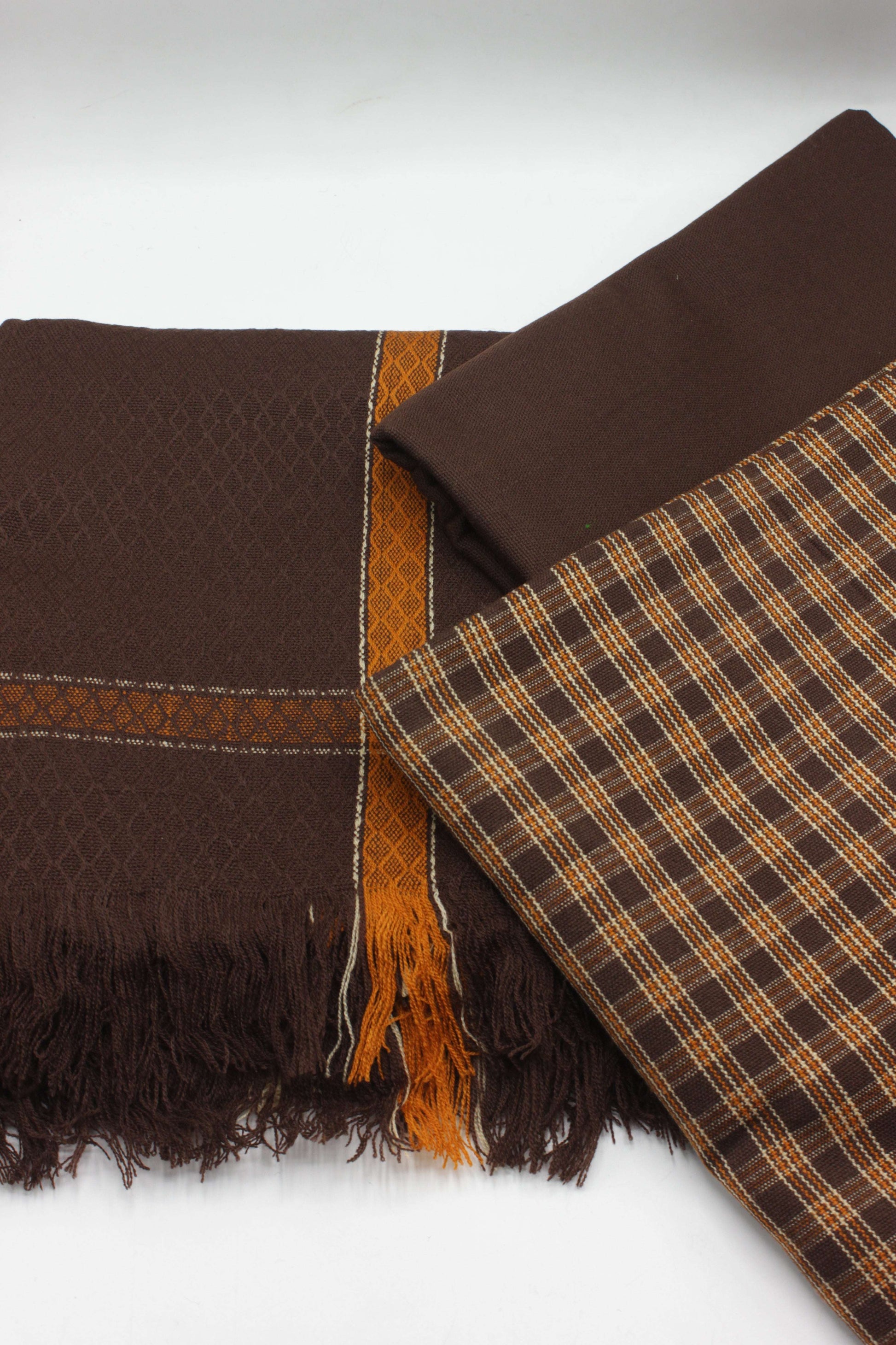 PREMIUM QUALITY BROWN WITH ORANGE PATTERN UNSTITCHED PURE WOOLEN SUIT FOR WOMEN