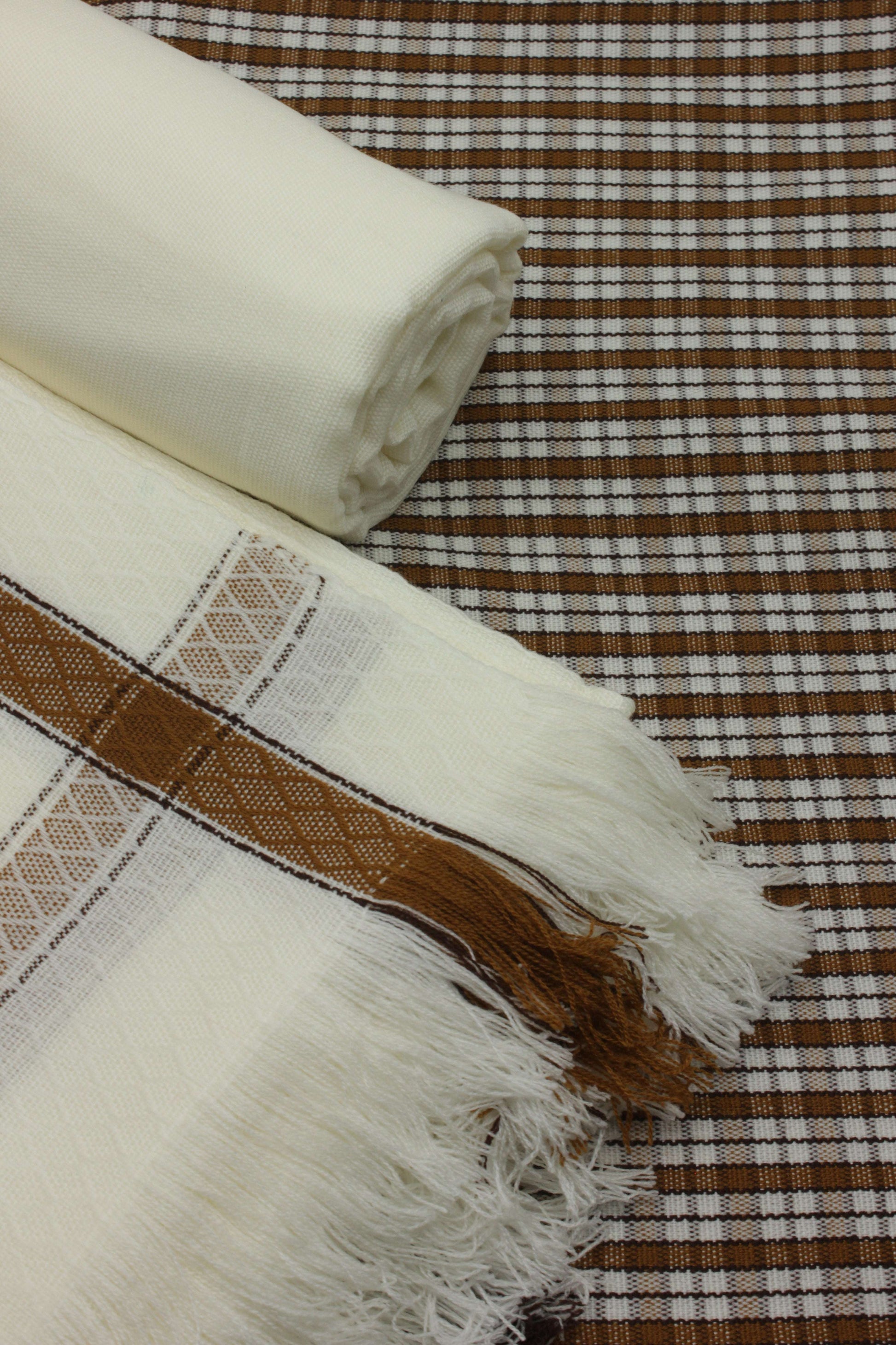 PREMIUM QUALITY OFF WHITE WITH BROWN BORDER PURE WOOLEN SUIT FOR WOMEN