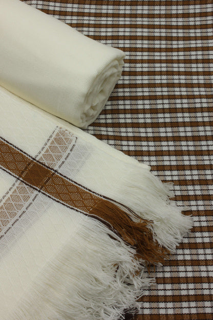 PREMIUM QUALITY OFF WHITE WITH BROWN BORDER PURE WOOLEN SUIT FOR WOMEN