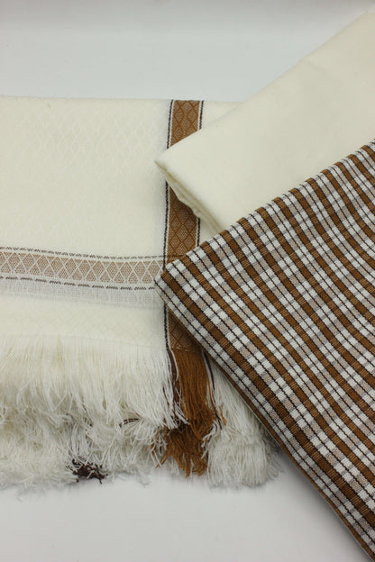PREMIUM QUALITY OFF WHITE WITH BROWN BORDER PURE WOOLEN SUIT FOR WOMEN