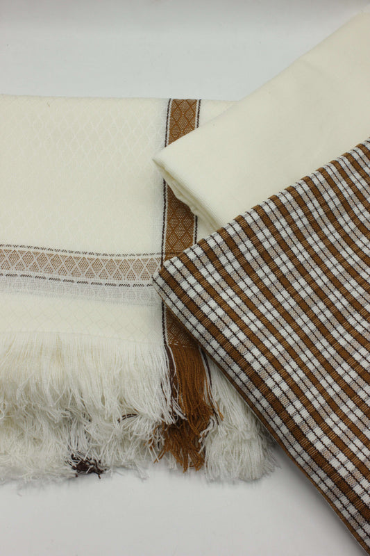PREMIUM QUALITY OFF WHITE WITH BROWN BORDER PURE WOOLEN SUIT FOR WOMEN