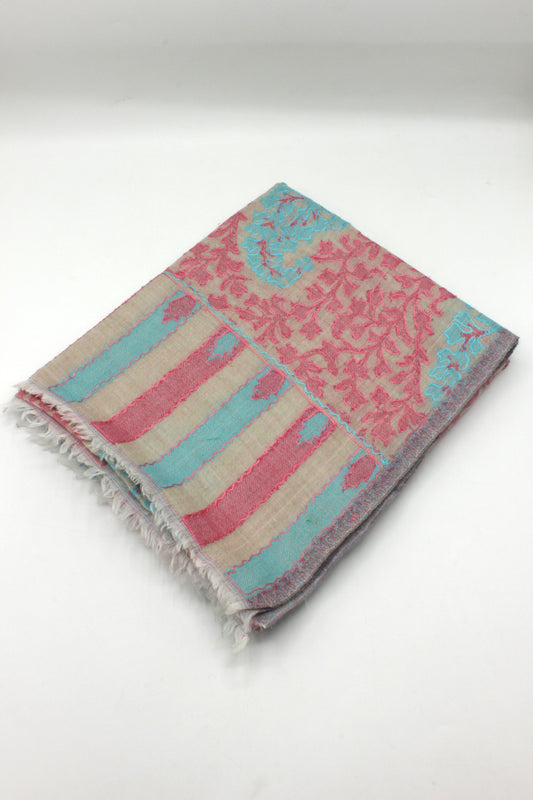 PREMIUM QUALITY OFF WHITE WITH PINK EMBROIDERED PASHMINA CASHMERE SHAWL