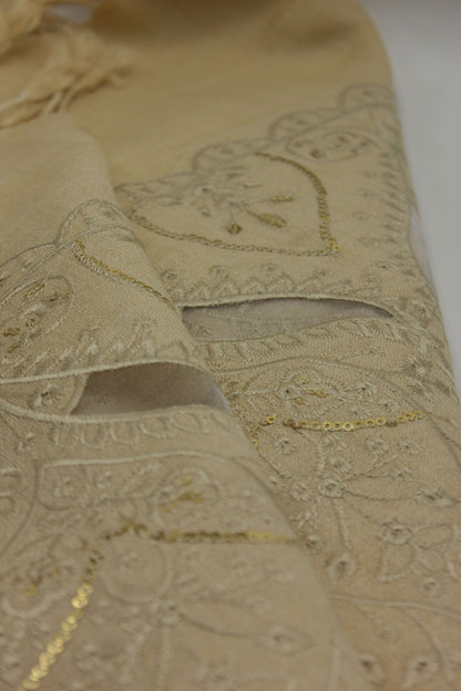 PREMIUM QUALITY PALE CAMEL EMBROIDERED WOOLEN SHAWL FOR WOMEN