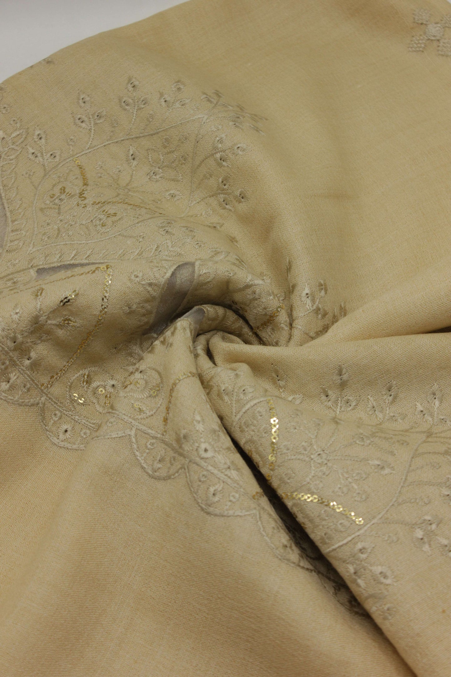 PREMIUM QUALITY PALE CAMEL EMBROIDERED WOOLEN SHAWL FOR WOMEN