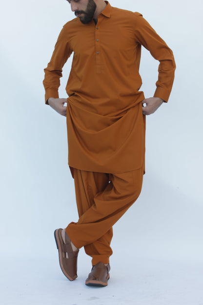 Premium Quality Autumn Ochre Kameez Shalwar by Rennuce