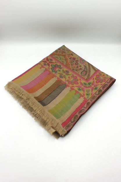 Premium Quality Beige Multi Color Woven Authentic Pashmina Cashmere Shawl by Rennuce