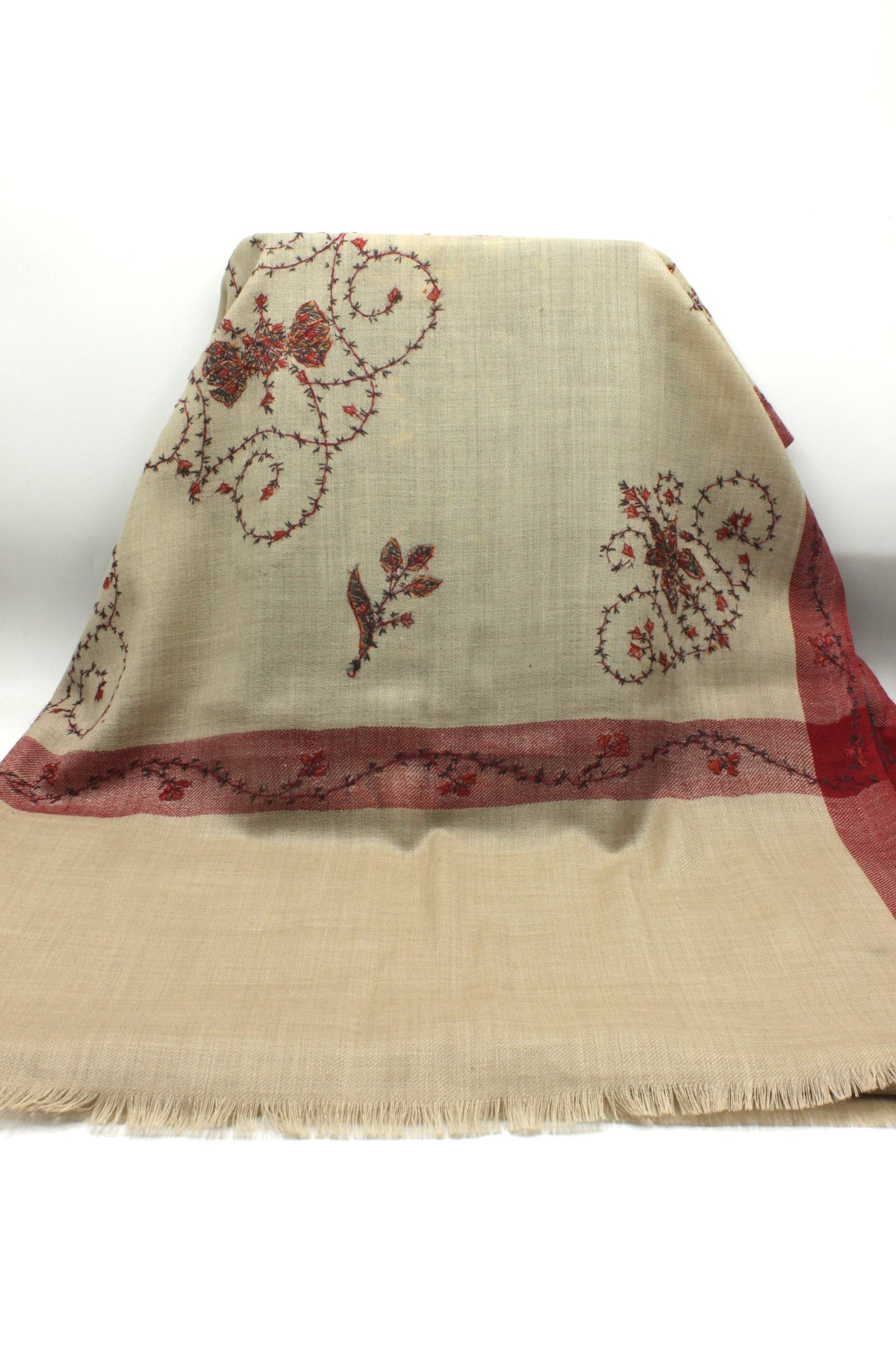 Premium Quality Beige with Red Embroidery  Pashmina Cashmere Shawl