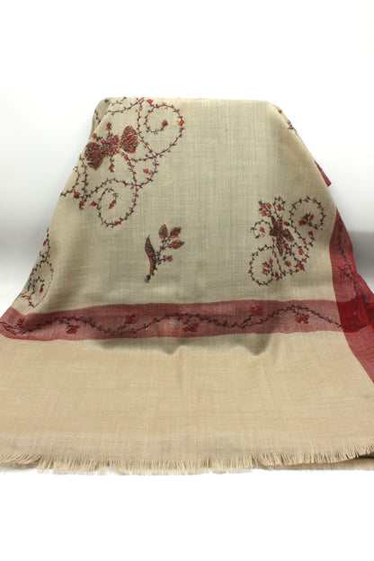 Premium Quality Beige with Red Embroidery  Pashmina Cashmere Shawl
