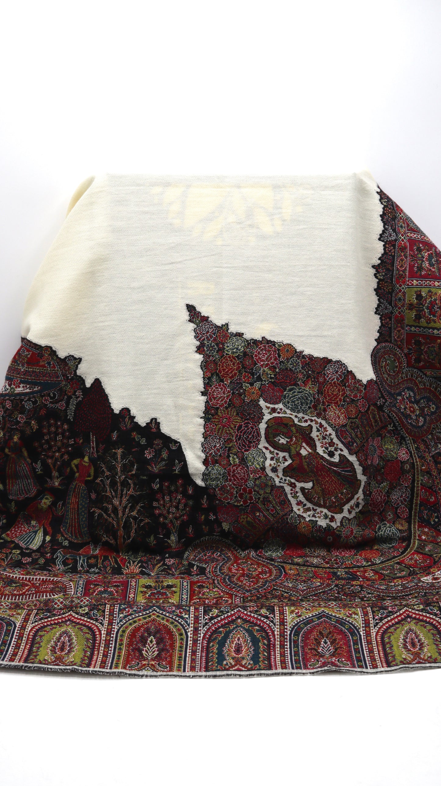 Premium Quality Off-White Multi Color Mahajra Pashmina Cashmere Shawl by Rennuce
