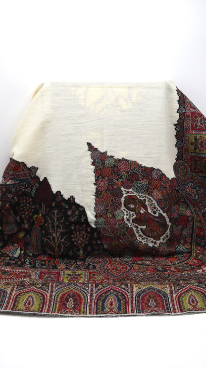 Premium Quality Off-White Multi Color Mahajra Pashmina Cashmere Shawl by Rennuce