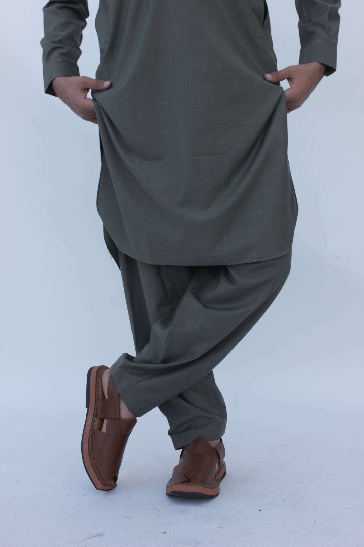 Premium Quality Olive Gray Kameez Shalwar by Rennuce