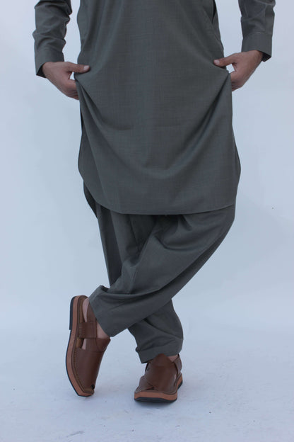 Premium Quality Olive Gray Kameez Shalwar by Rennuce