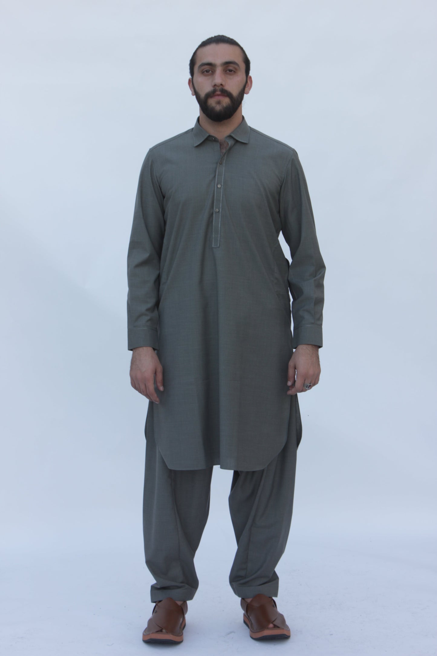 Premium Quality Olive Gray Kameez Shalwar by Rennuce