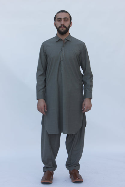 Premium Quality Olive Gray Kameez Shalwar by Rennuce