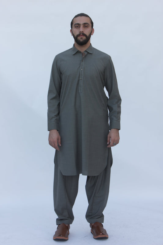Premium Quality Olive Gray Kameez Shalwar by Rennuce