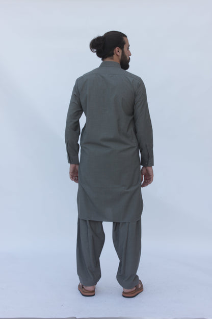 Premium Quality Olive Gray Kameez Shalwar by Rennuce