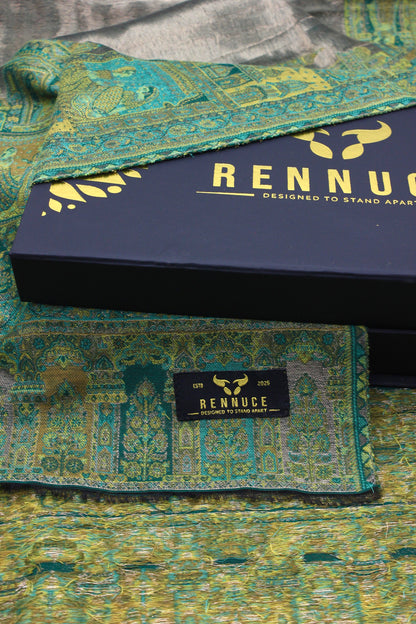 Premium Quality Parrot Green With Moon Light Color Woven Authentic Pashmina Cashmere Shawl by Rennuce