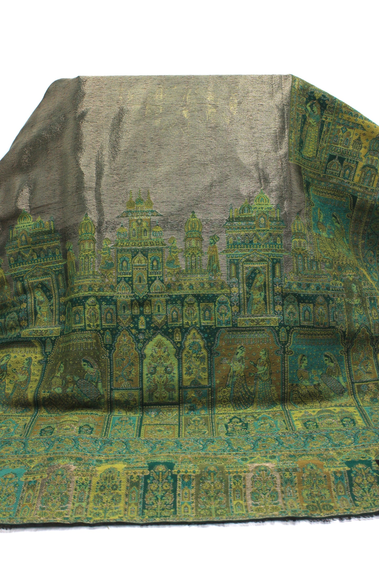 Premium Quality Parrot Green With Moon Light Color Woven Authentic Pashmina Cashmere Shawl by Rennuce