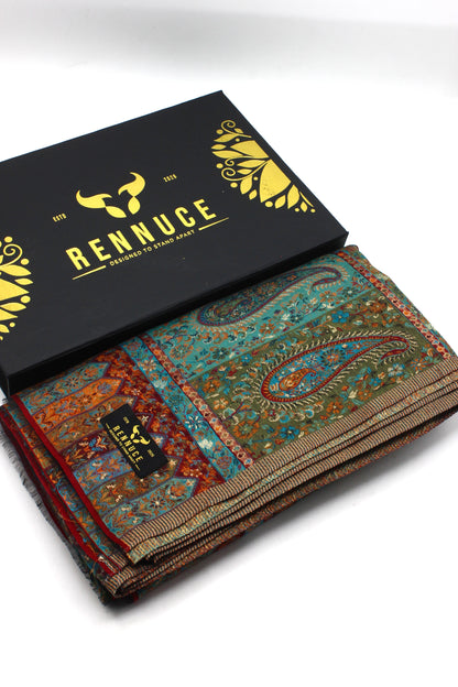 Premium Quality Peacoak Blue Multi Color Kani Pashmina Cashmere Shawl by Rennuce