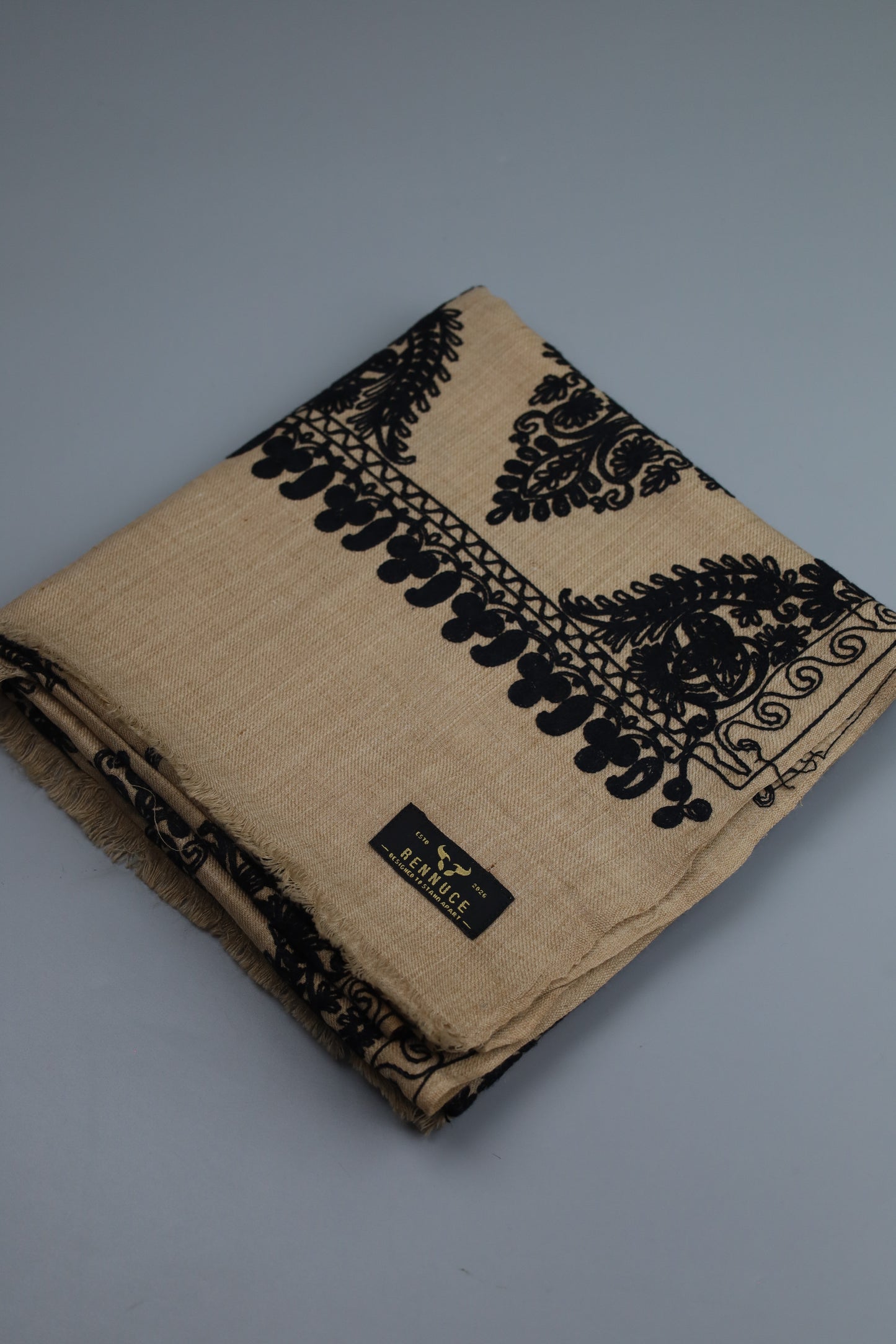 Premium Quality Beige Color with Black Embroided Pashmina Cashmere Shawl by Rennuce