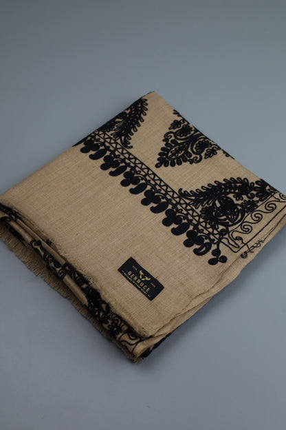 Premium Quality Beige Color with Black Embroided Pashmina Cashmere Shawl by Rennuce