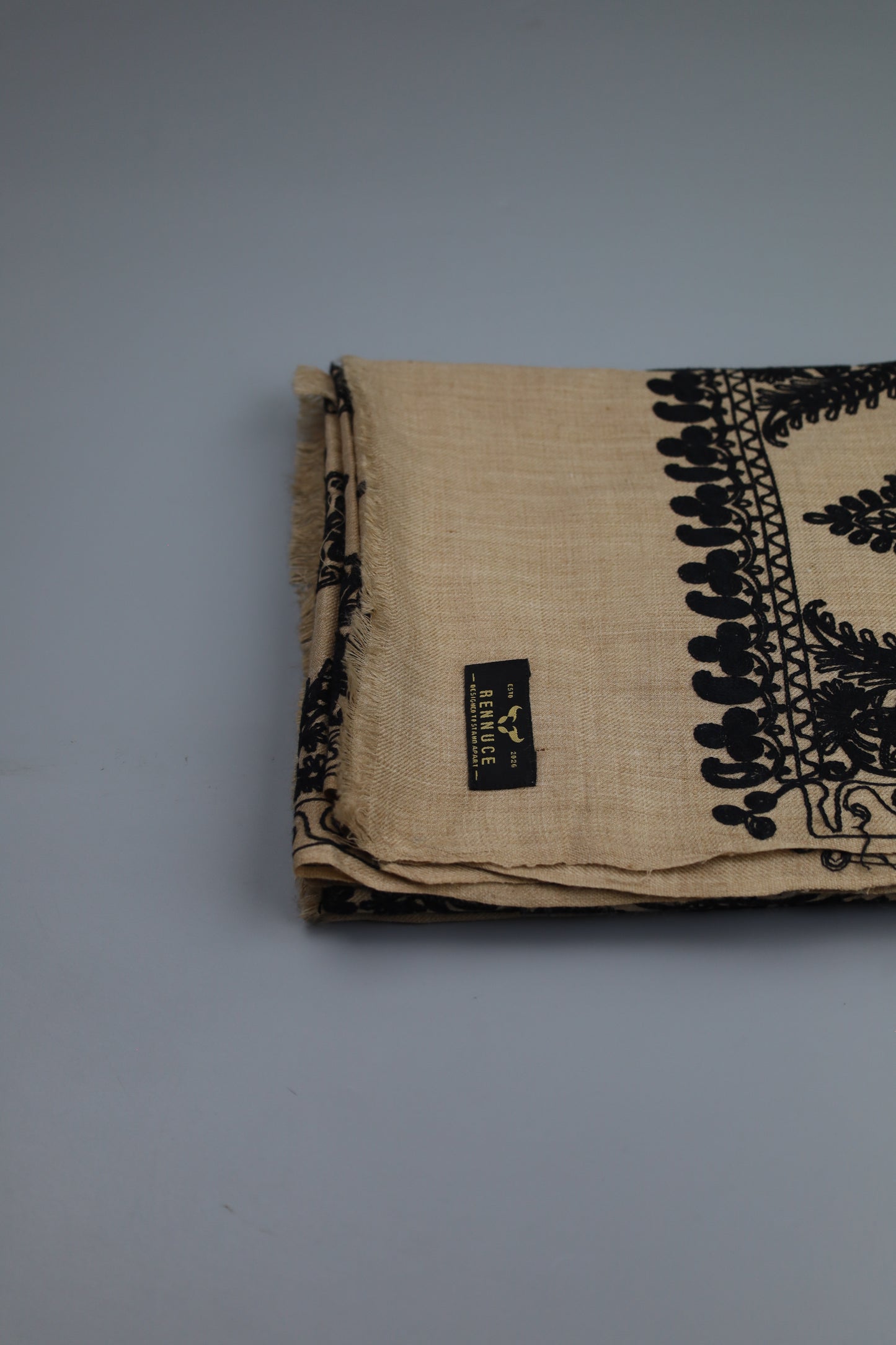 Premium Quality Beige Color with Black Embroided Pashmina Cashmere Shawl by Rennuce