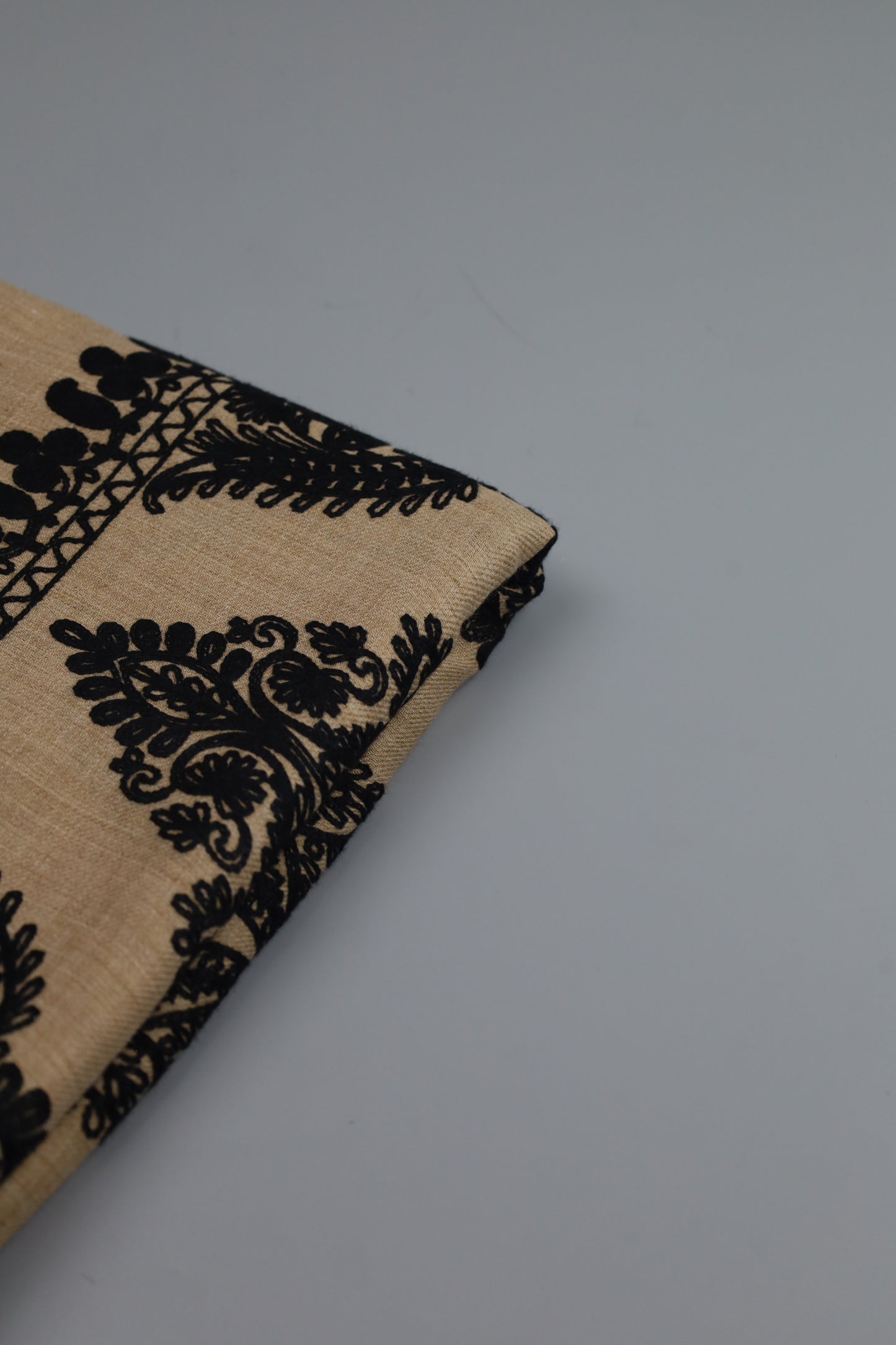 Premium Quality Beige Color with Black Embroided Pashmina Cashmere Shawl by Rennuce