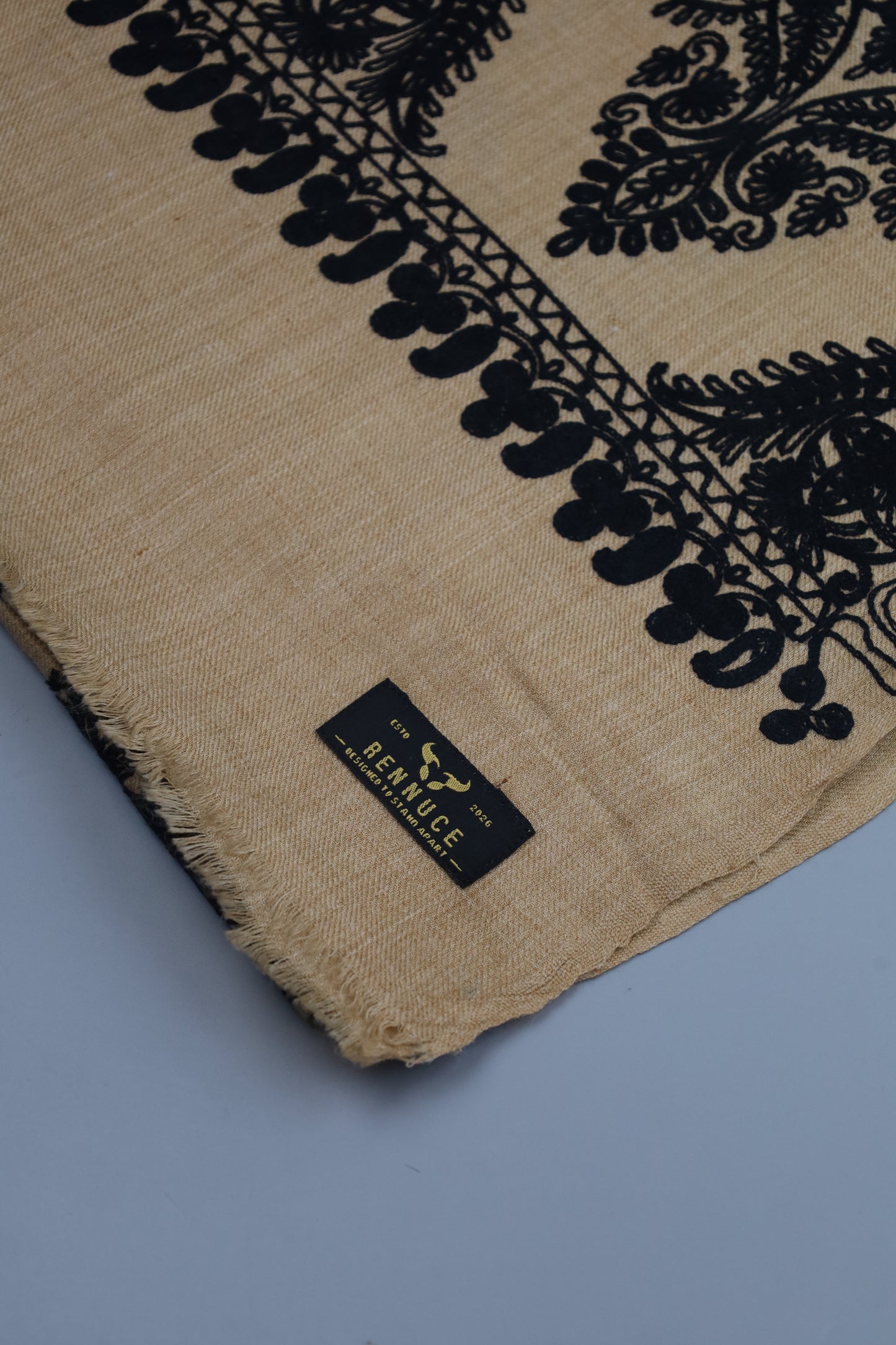 Premium Quality Beige Color with Black Embroided Pashmina Cashmere Shawl by Rennuce